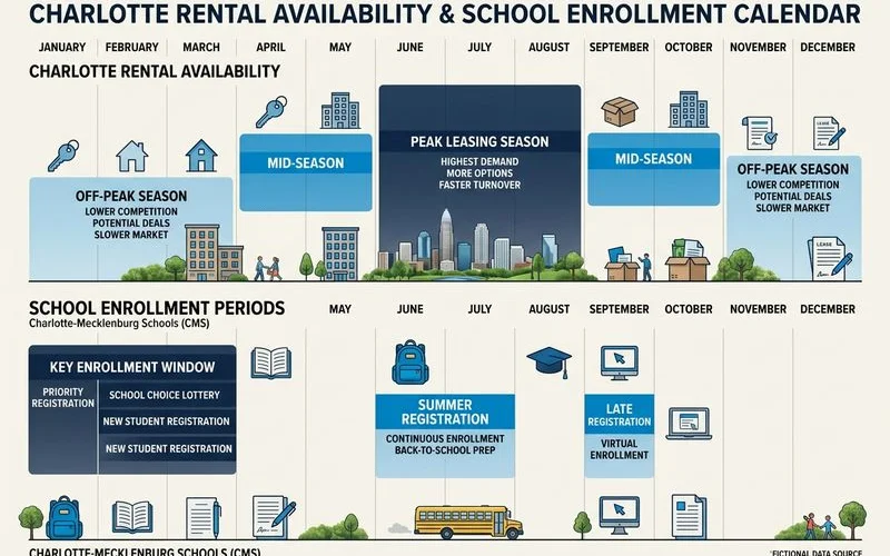 Calendar infographic showing Charlotte rental and school timing windows by month