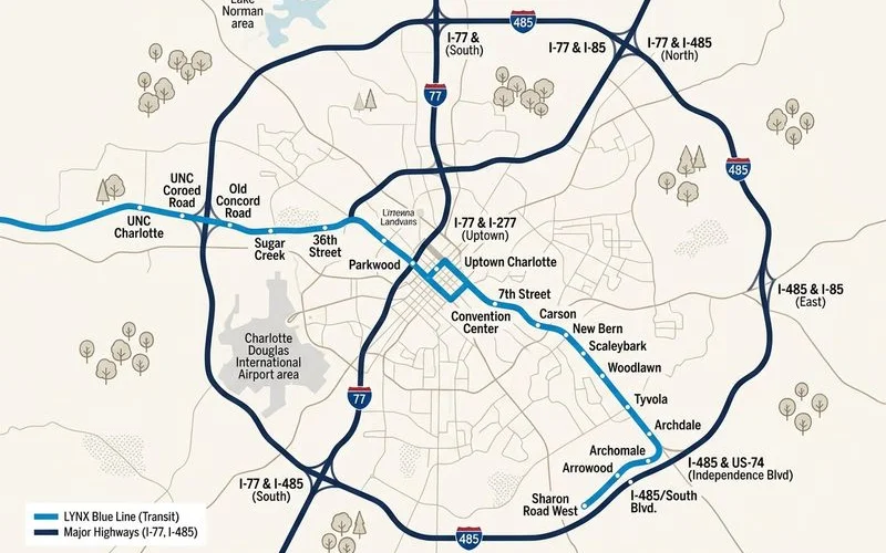 Charlotte highway and Blue Line map illustration showing I-77, I-485, and transit