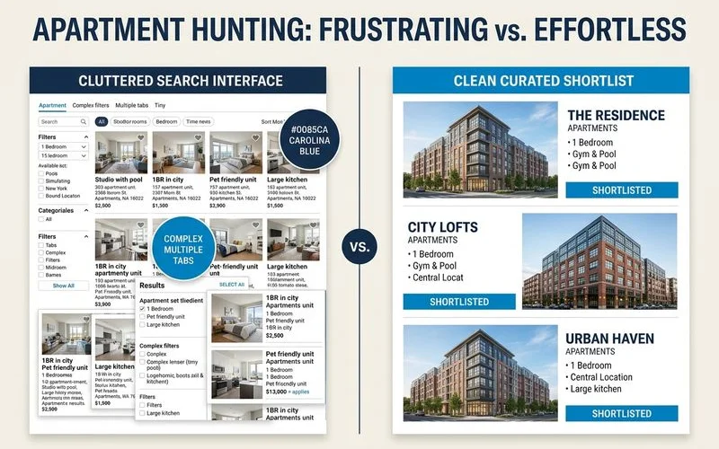 Cluttered Zillow scroll versus a clean curated three-building shortlist