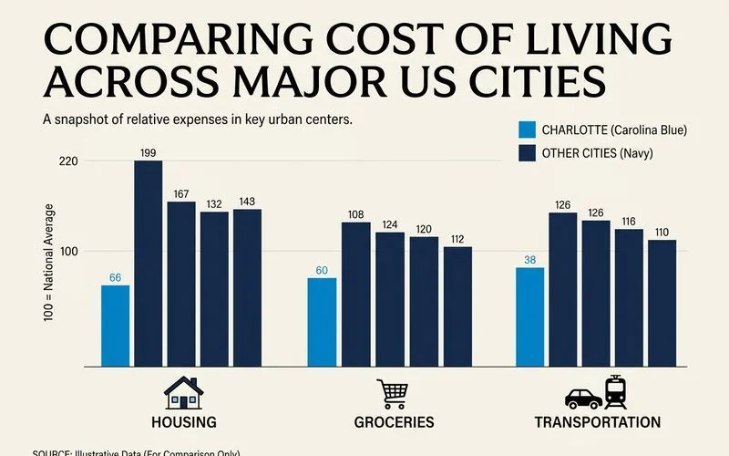Cost-of-living comparison infographic showing Charlotte versus NYC, LA, Chicago, and DC