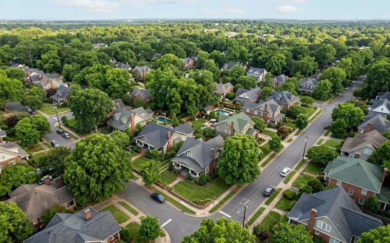 Drone aerial perspective of a Charlotte residential neighborhood with mature tree canopy