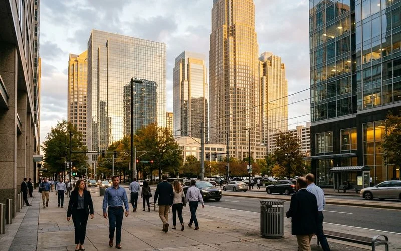 Bank of America tower in Uptown Charlotte at golden hour, corporate employer landmark