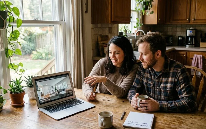 Buyers reviewing a virtual tour of a Charlotte home on a laptop in morning light