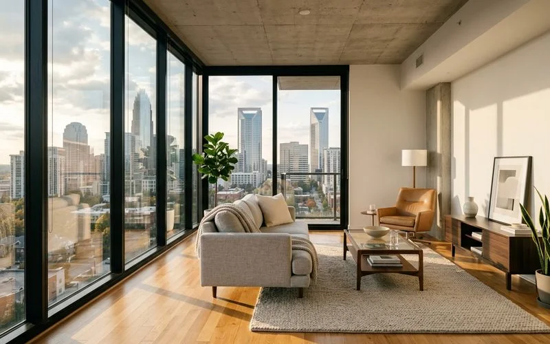 Charlotte apartment living room with skyline view through floor-to-ceiling windows