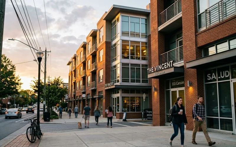 Charlotte apartment building exterior at golden hour, real-environment lifestyle