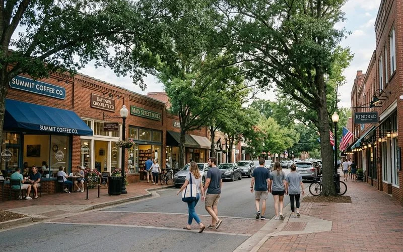 Davidson NC main street with brick storefronts and mature trees in soft natural light