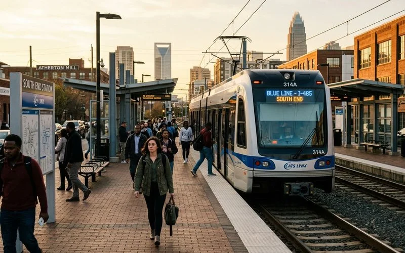 LYNX Blue Line train at Charlotte's South End station during golden hour
