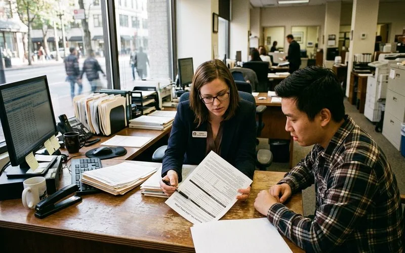 Mortgage lender at desk reviewing application with buyer in real office environment