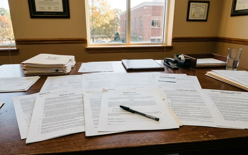 NC attorney closing table with documents and signing pen in real office environment