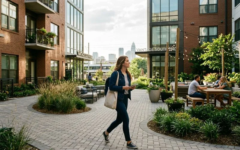 Renter walking through Charlotte's South End checking building amenities