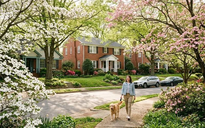Charlotte residential street with mid-century homes and dogwoods in afternoon light