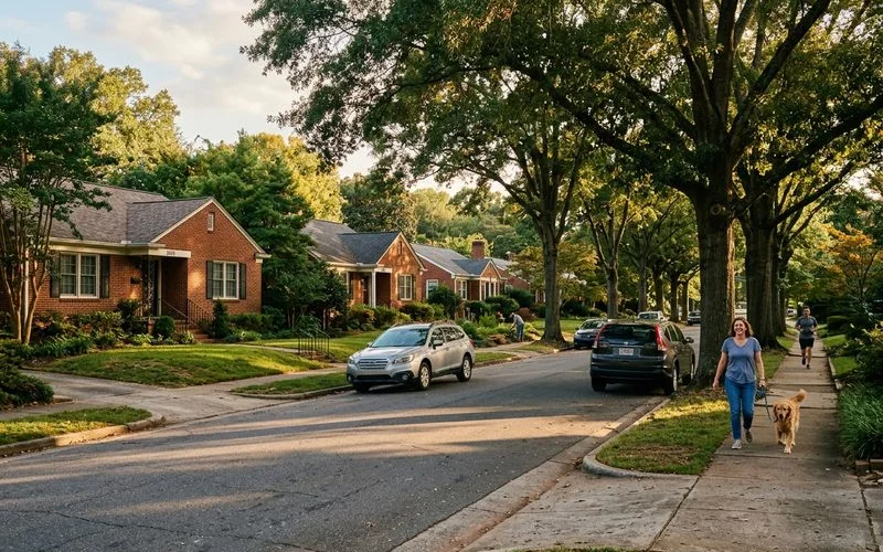Charlotte residential street with mid-century homes during golden hour