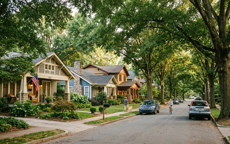 Established Charlotte neighborhood with mature trees and craftsman bungalows