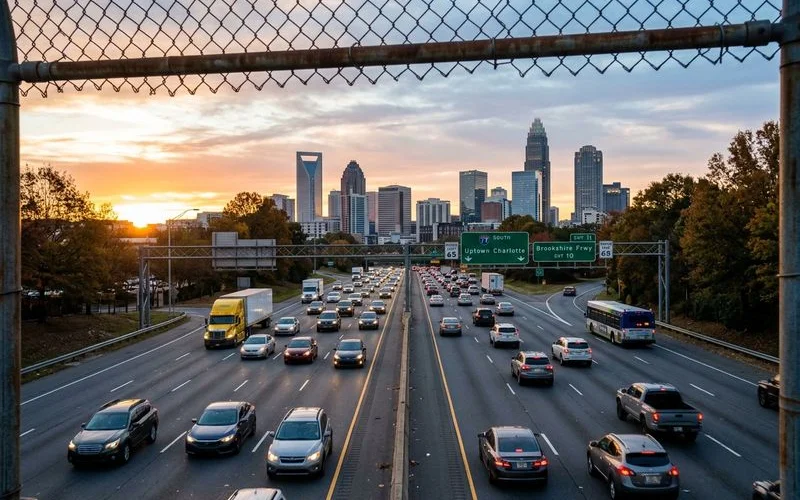 I-77 highway with Uptown Charlotte skyline at sunrise from commuter perspective