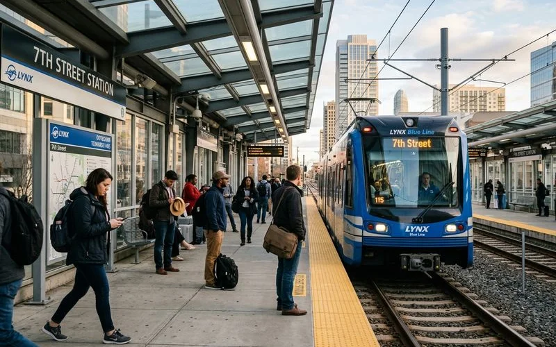 LYNX Blue Line station platform with arriving train and commuters in morning light