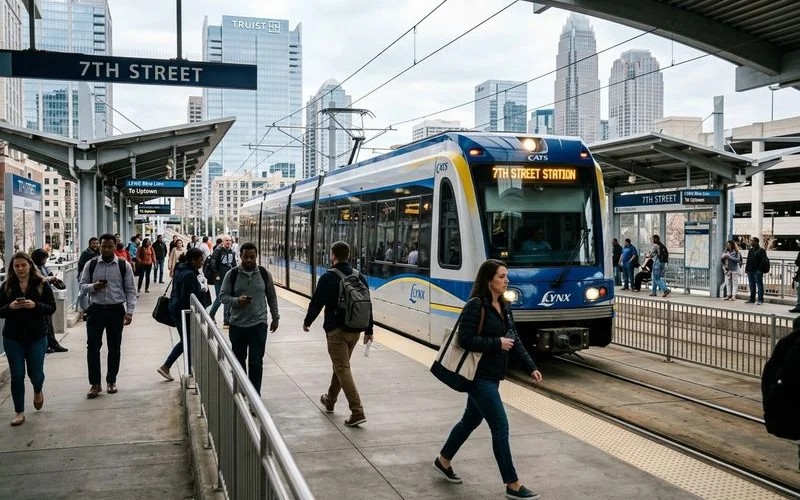 LYNX Blue Line train at Charlotte's East/West station with commuters in natural light