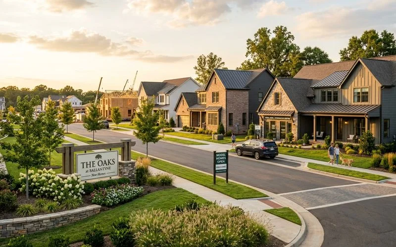 New construction community with model homes in golden hour, real-environment lifestyle