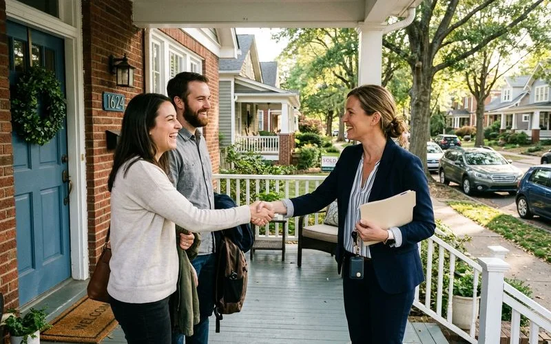 Two buyers shaking hands with their dedicated buyer's agent at a Charlotte home