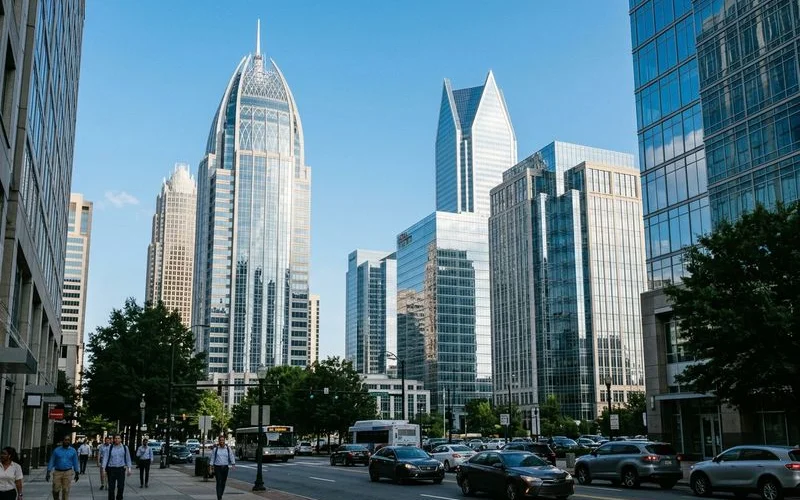 Charlotte's Uptown bank tower compared to Research Triangle Park research building