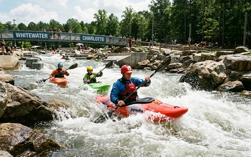 US National Whitewater Center kayakers in real environment, documentary lifestyle