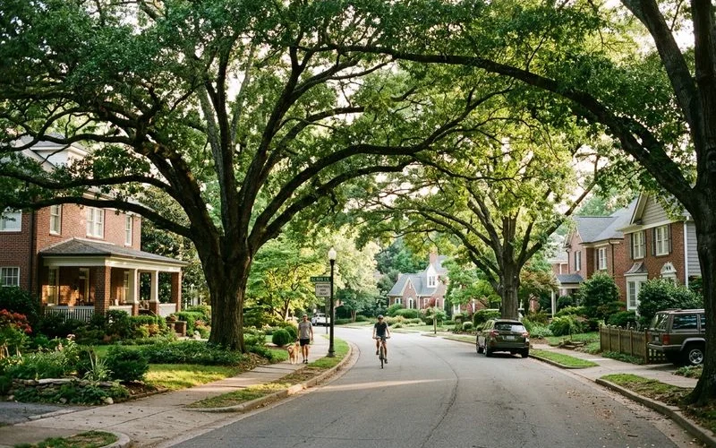 Side-by-side California beach versus Charlotte tree-canopy street comparison