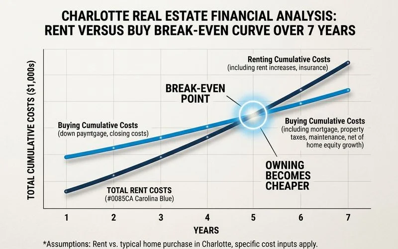 Infographic showing rent vs buy break-even curve over time in Charlotte