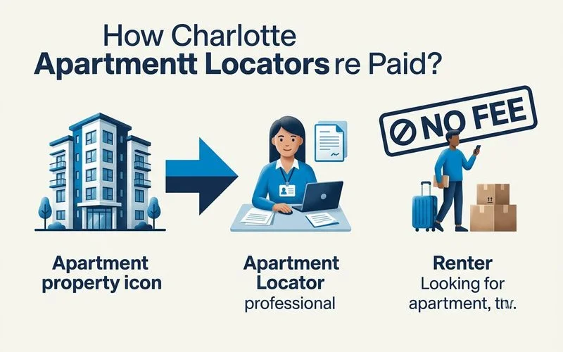 Infographic showing apartment locator payment flow: property pays, renter doesn't