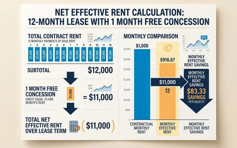 Net effective rent calculator infographic showing concession savings math