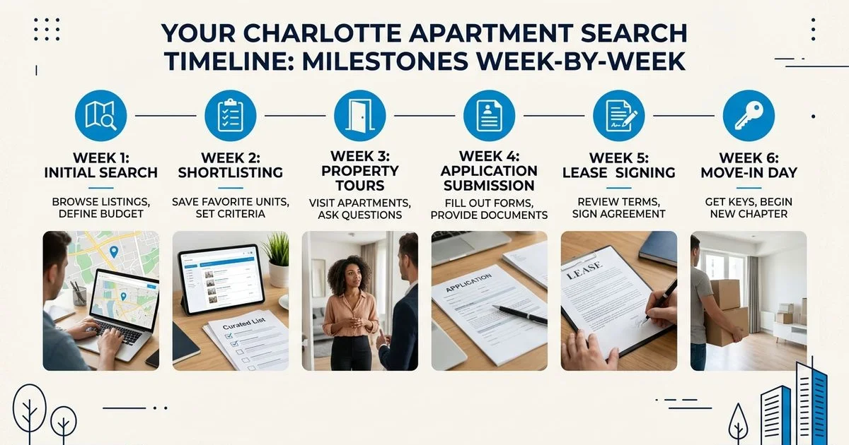 Calendar with apartment search milestones in clean editorial infographic style