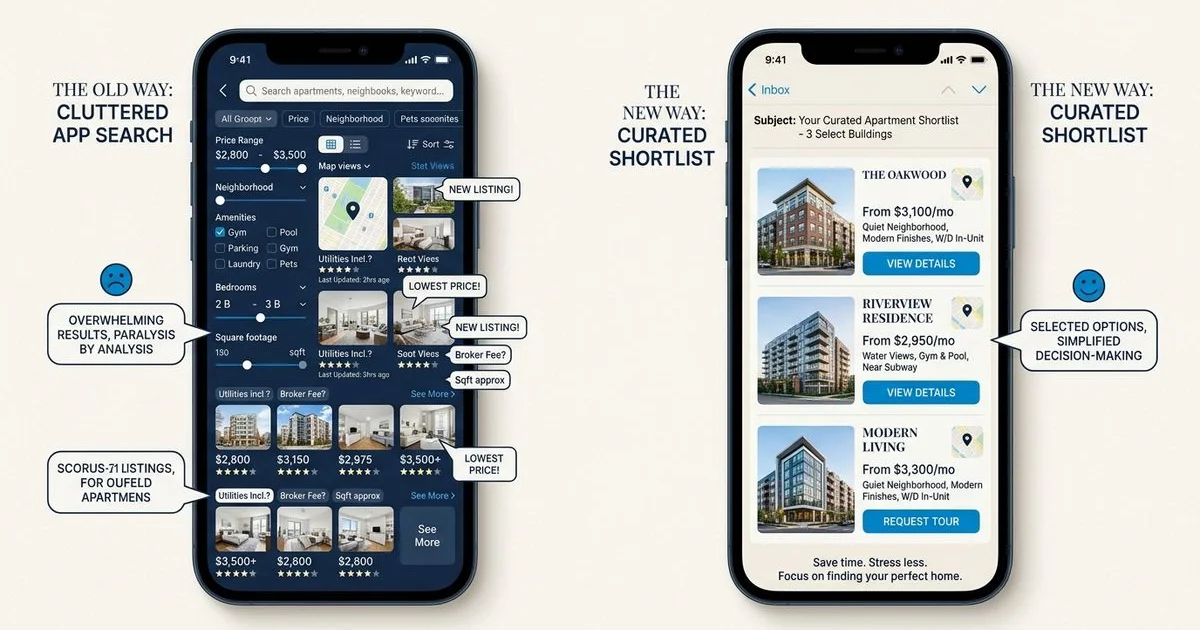 Two phones side-by-side: cluttered Zillow versus clean curated locator email