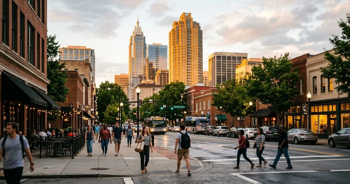 Charlotte and Raleigh skylines side-by-side at golden hour