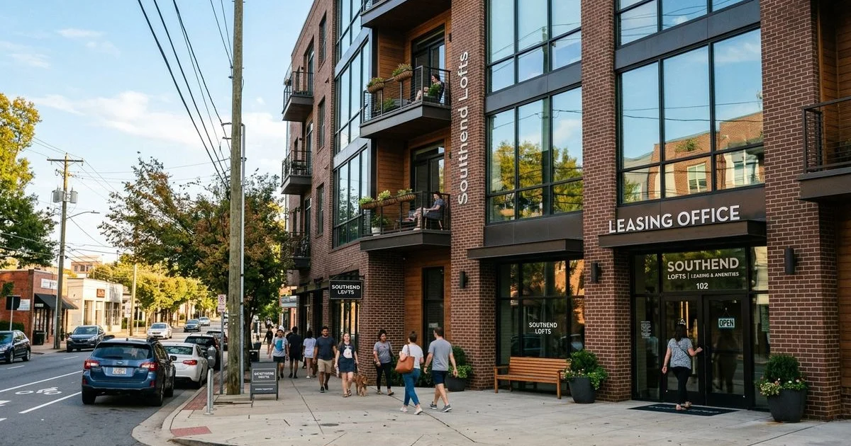 Charlotte apartment leasing sign with specials messaging in real environment