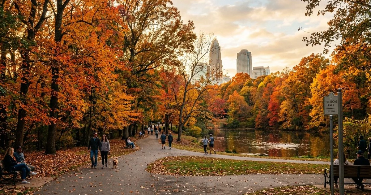 Charlotte autumn at Freedom Park with Uptown skyline backdrop in warm golden light