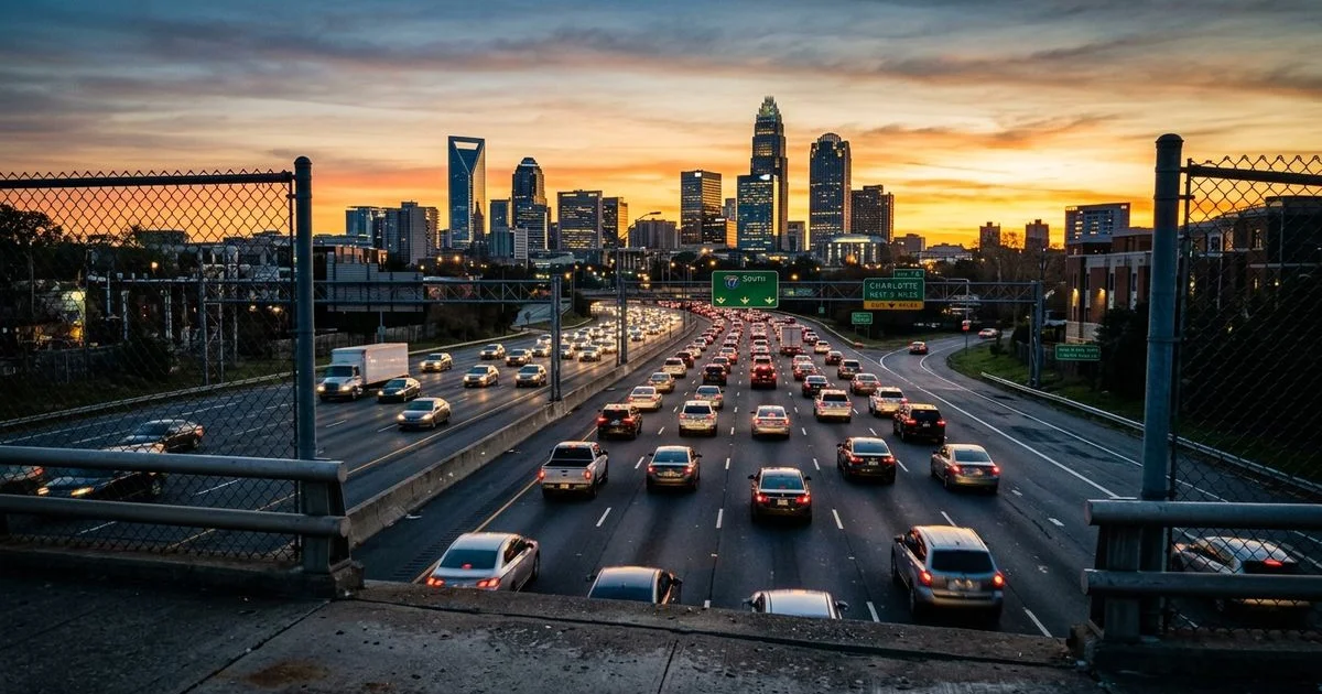 Charlotte's I-77 corridor at sunrise with the Uptown skyline backdrop, commuter perspective