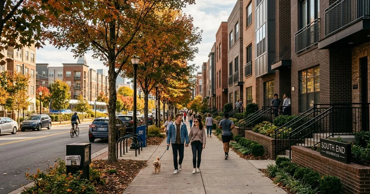 Charlotte South End street with brownstone-style townhomes in warm autumn light
