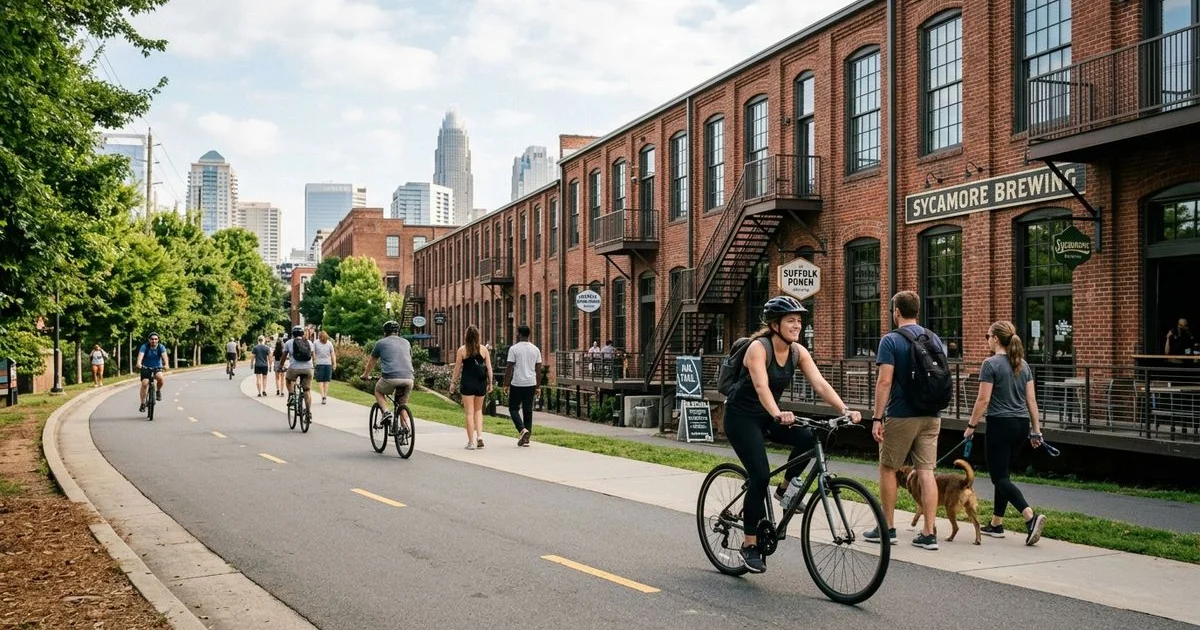 Charlotte's South End Rail Trail with cyclists and walkers in brick-warehouse setting