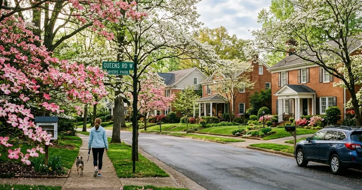 Charlotte tree-lined street with spring dogwoods in soft morning light