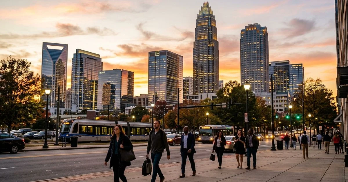 Charlotte Uptown skyline at sunset with warm Carolina light, lifestyle relocation aesthetic