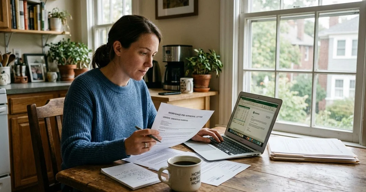 Home buyer reviewing mortgage documents at the kitchen table with a laptop in morning light