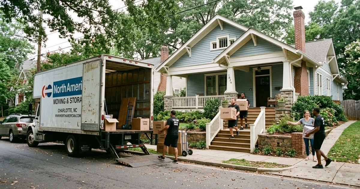Moving truck at a Plaza Midwood Charlotte craftsman bungalow in soft morning light