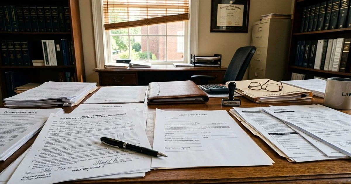 NC attorney closing table with documents and pen in real office environment