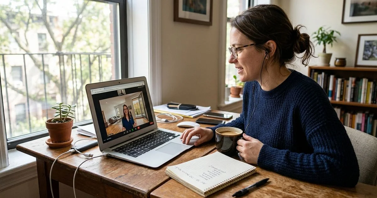 Person on video tour of a Charlotte apartment via laptop in natural light