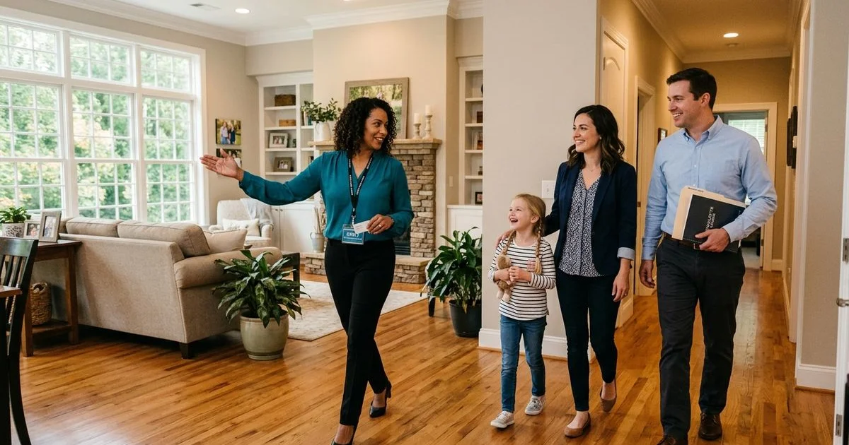 Professional family touring a Charlotte home with relocation paperwork in afternoon light