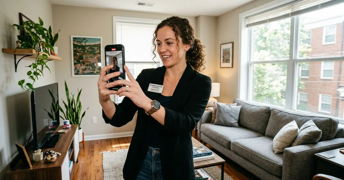 Real estate agent recording thorough apartment video walkthrough on a smartphone