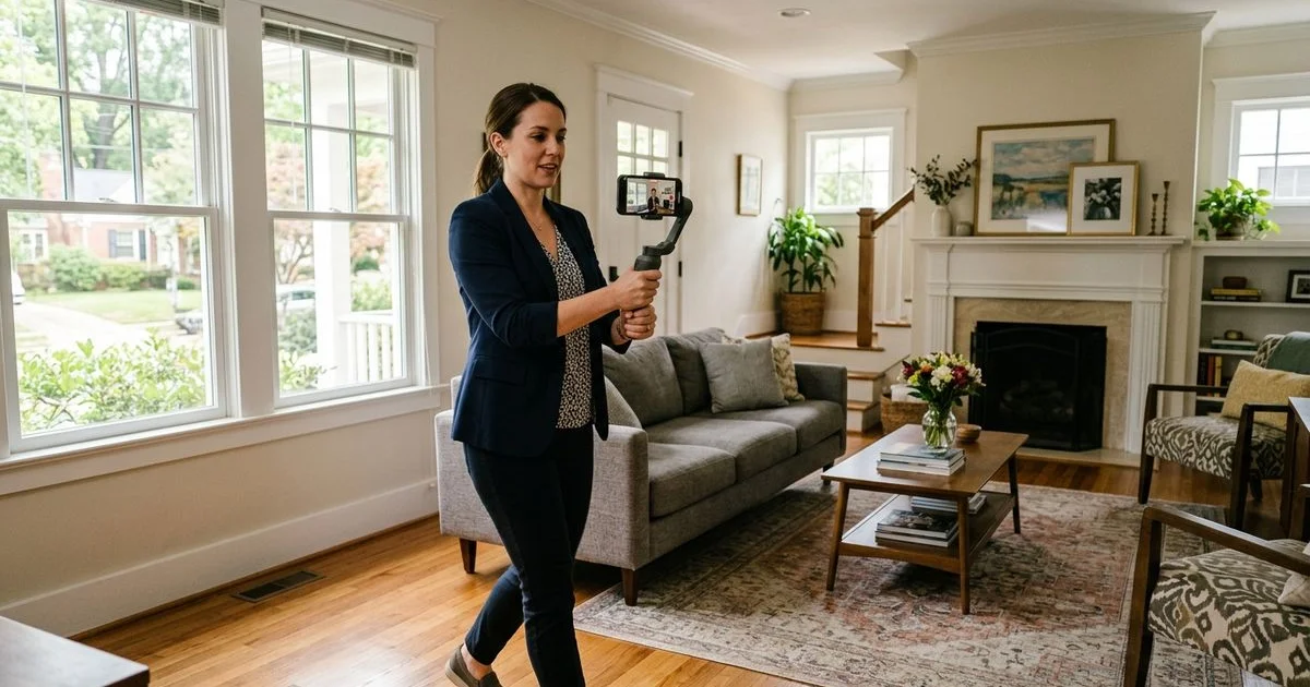 Real estate agent recording a detailed video walkthrough of a Charlotte home with a smartphone gimbal