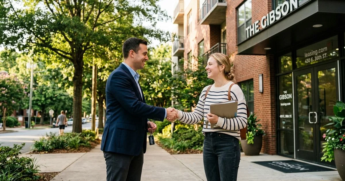 Renter shaking hands with agent at a Charlotte apartment building entrance