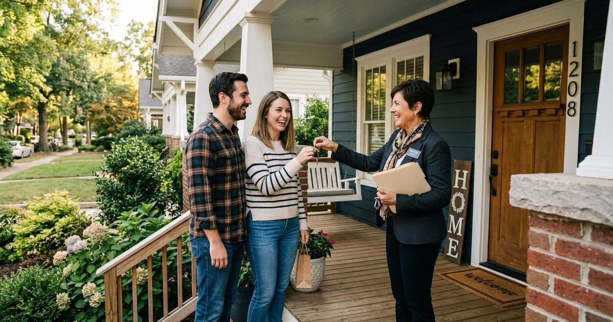Young couple receiving keys to their first Charlotte home in candid afternoon light