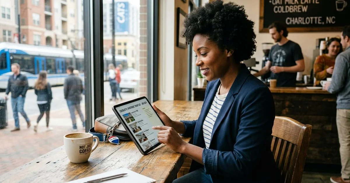 Real estate professional reviewing apartment shortlist on tablet at Charlotte coffee shop