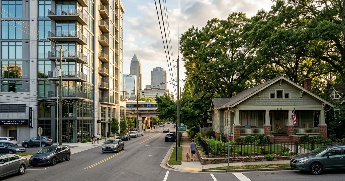 Split-screen Charlotte apartment building versus single-family home in established neighborhood