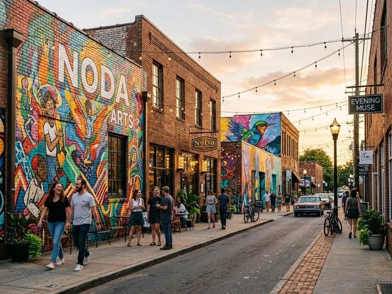 Editorial lifestyle photograph of NoDa neighborhood, candid documentary style, natural light